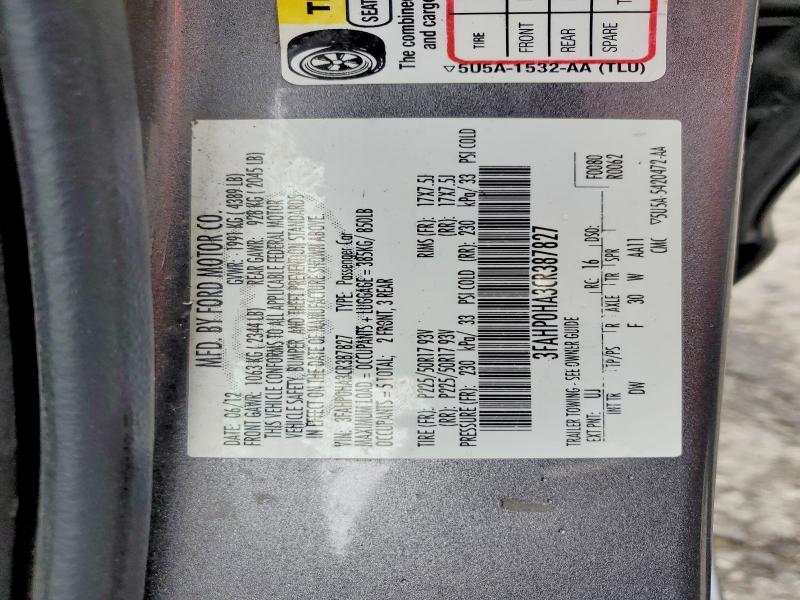 2012 Ford Fusion მანქანა იყიდება აუქციონზე, vin: 3FAHP0HA3CR387827, აუქციონის ნომერი: 54437886