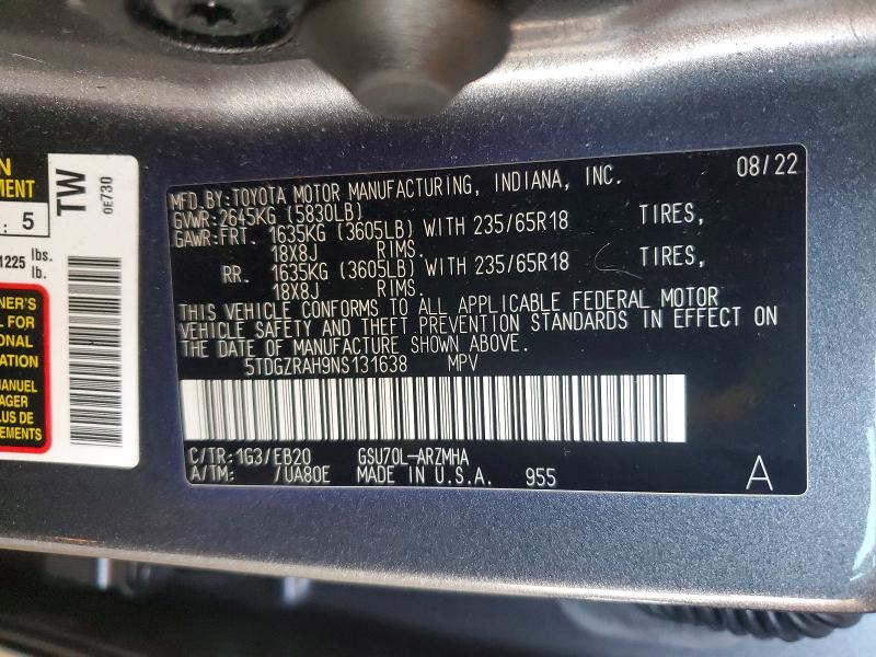 Aukcja sprzedaży 2022 Toyota Highlander, vin: 5TDGZRAH9NS131638, numer aukcji: 54850706