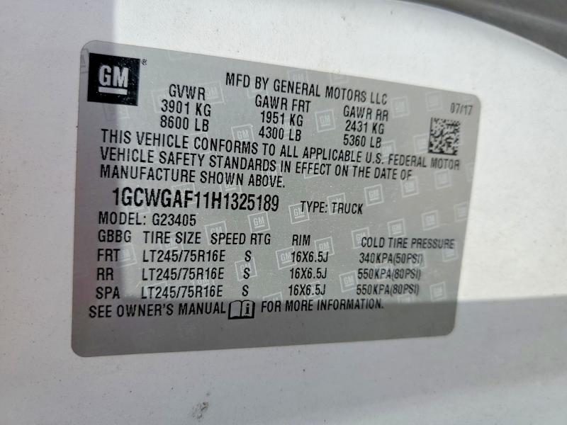 52838406 :رقم المزاد ، 1GCWGAF11H1325189 vin ، 2017 Chev Express 2500 مزاد بيع