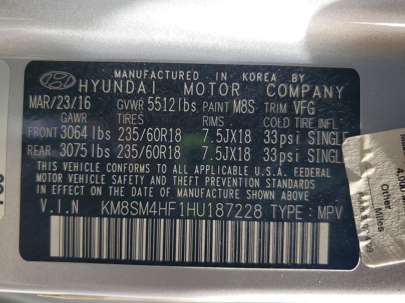 Продажа на аукционе авто 2017 Hyundai Santa Fe, vin: KM8SM4HF1HU187228, номер лота: 53607156