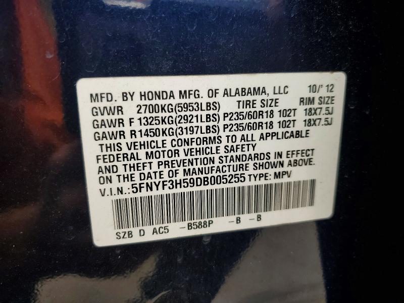 52098936 :رقم المزاد ، 5FNYF3H59DB005255 vin ، 2013 Honda Pilot مزاد بيع