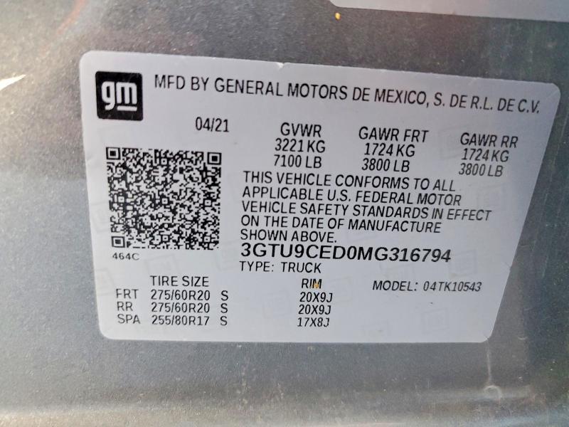 2021 Gmc Sierra 1500 მანქანა იყიდება აუქციონზე, vin: 3GTU9CED0MG316794, აუქციონის ნომერი: 54531106