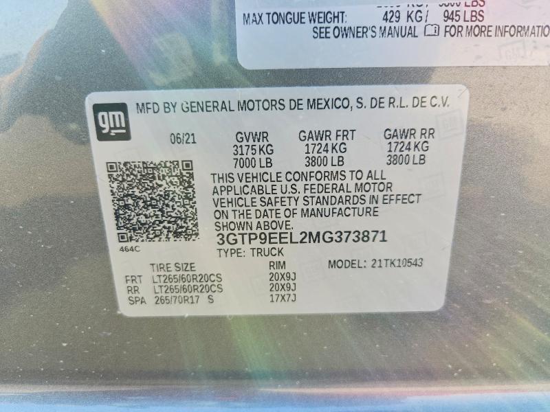 Aukcja sprzedaży 2021 Gmc Sierra, vin: 3GTP9EEL2MG373871, numer aukcji: 55062296