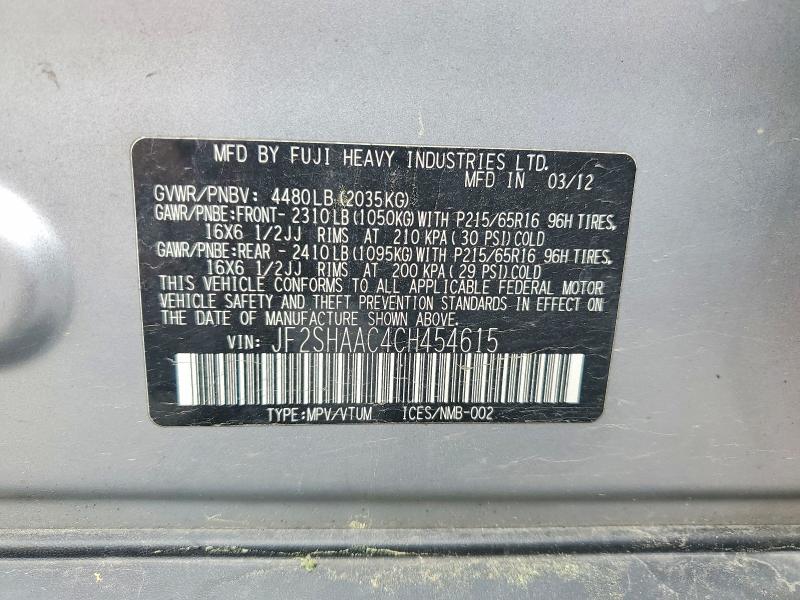 54791506 :رقم المزاد ، JF2SHAAC4CH454615 vin ، 2012 Subaru Forester مزاد بيع