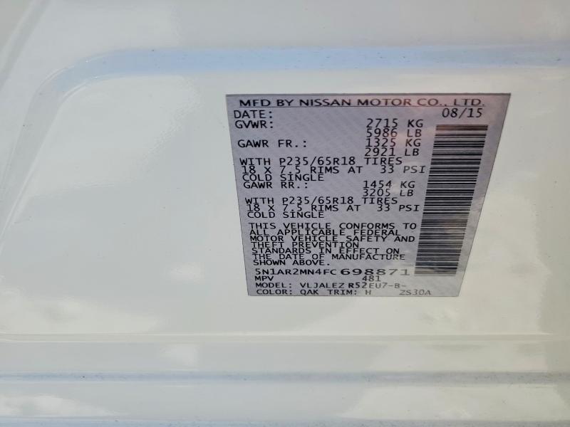 53841606 :رقم المزاد ، 5N1AR2MN4FC698871 vin ، 2015 Nissan Pathfinder مزاد بيع