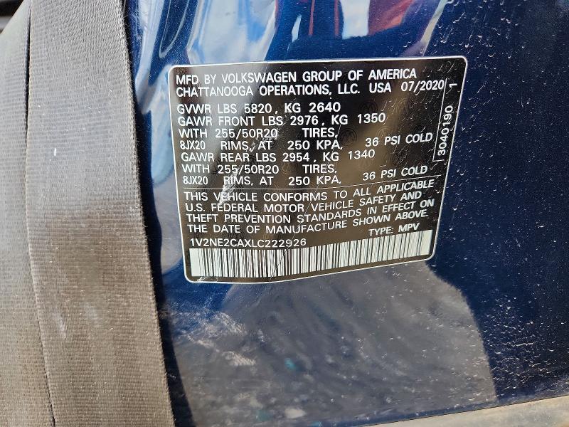 51837786 :رقم المزاد ، 1V2NE2CAXLC222926 vin ، 2020 Volkswagen Atlas Cross Sport مزاد بيع