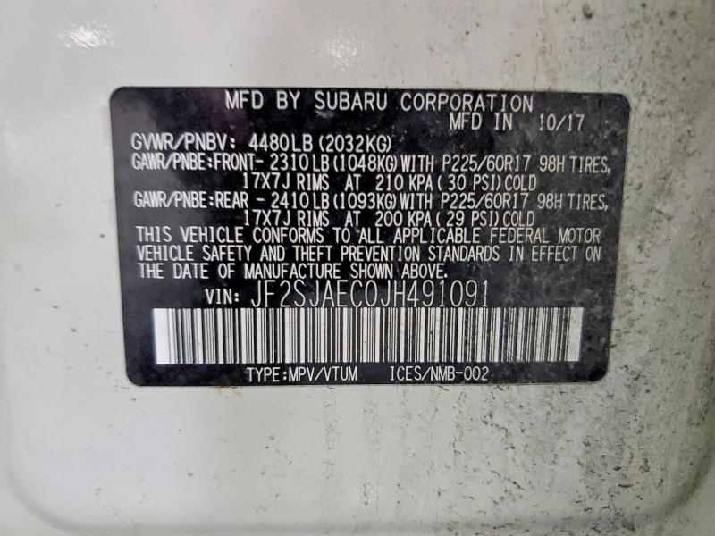 Продаж на аукціоні авто 2018 Subaru Forester, vin: JF2SJAEC0JH491091, номер лоту: 54201856