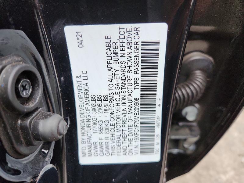 Продажа на аукционе авто 2021 Honda Civic, vin: 19XFC1F79ME209908, номер лота: 51997636