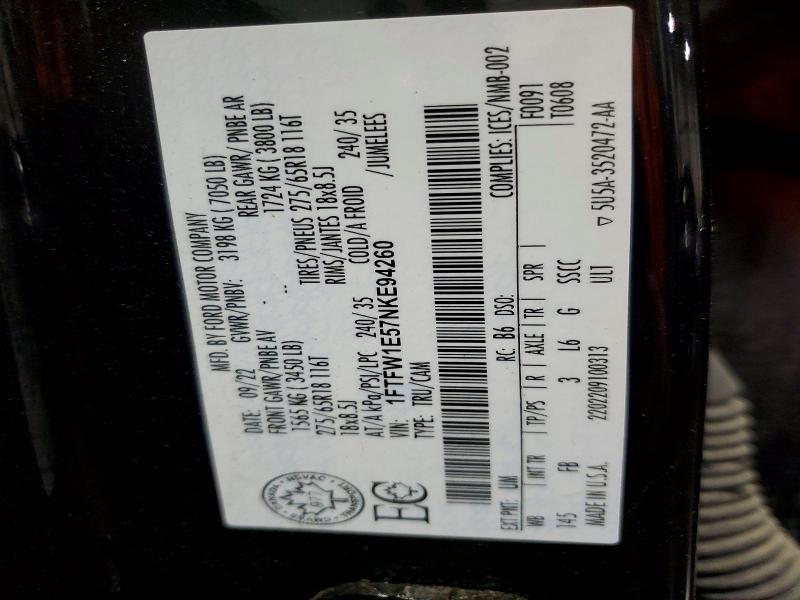 Auction sale of the 2022 Ford F150, vin: 1FTFW1E57NKE94260, lot number: 52550766