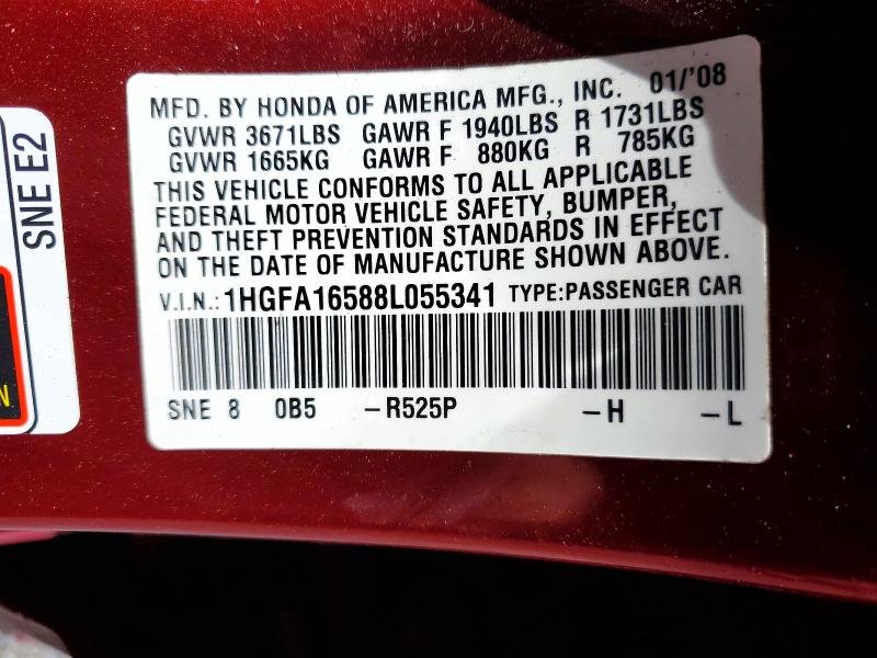 54067696 :رقم المزاد ، 1HGFA16588L055341 vin ، 2008 Honda Civic مزاد بيع