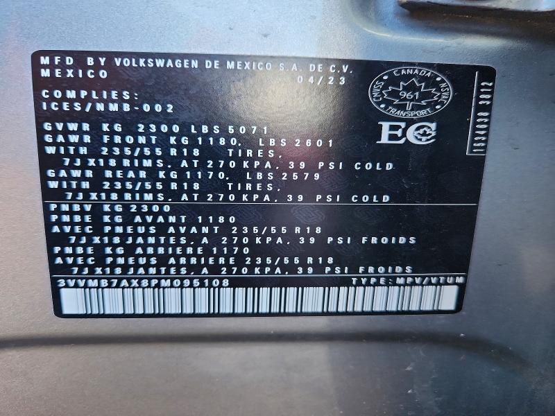 2023 Volkswagen Tiguan მანქანა იყიდება აუქციონზე, vin: 3VVMB7AX8PM095108, აუქციონის ნომერი: 51707736