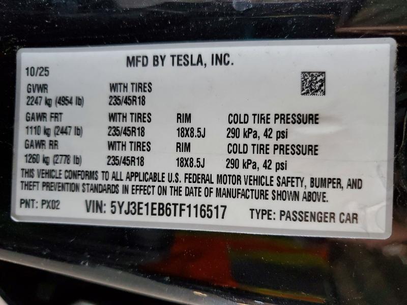 Aukcja sprzedaży 2026 Tesla Model 3, vin: 5YJ3E1EB6TF116517, numer aukcji: 46779336