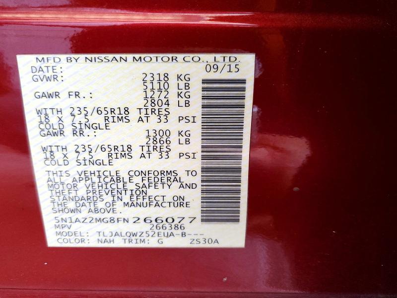 Продажа на аукционе авто 2015 Nissan Murano, vin: 5N1AZ2MG8FN266077, номер лота: 52704846