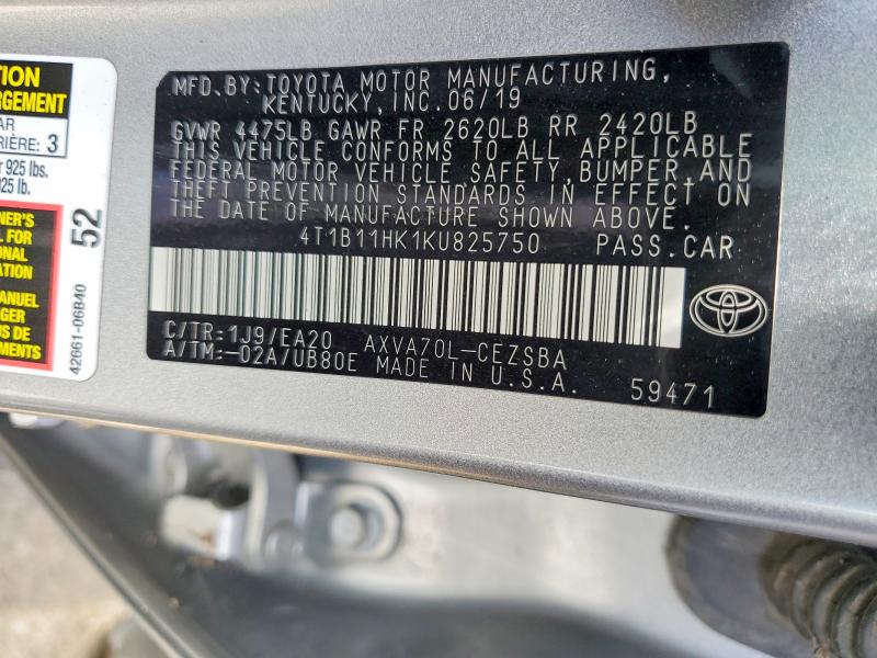 55444066 :رقم المزاد ، 4T1B11HK1KU825750 vin ، 2019 Toyota Camry مزاد بيع