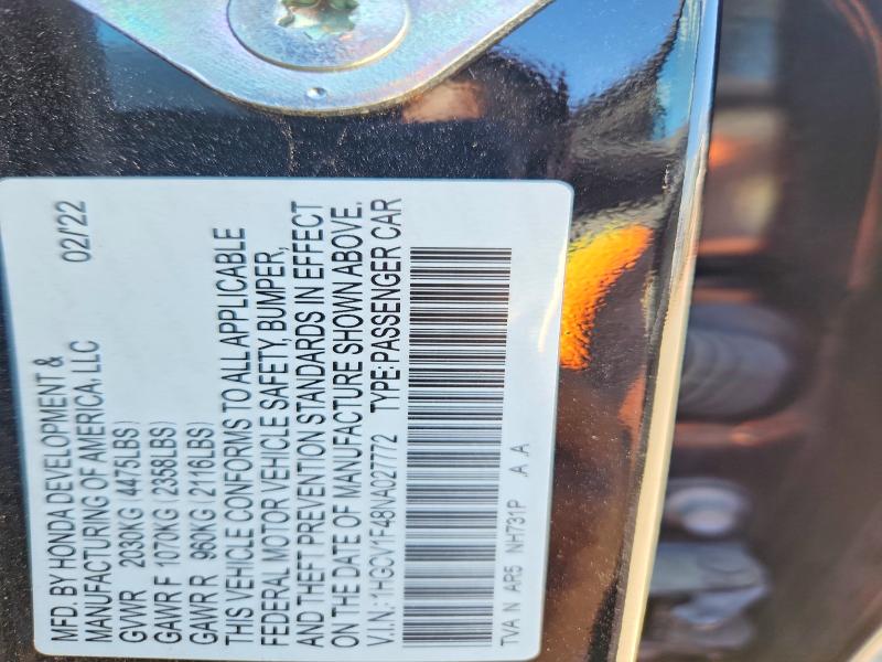 52140706 :رقم المزاد ، 1HGCV1F48NA027772 vin ، 2022 Honda Accord مزاد بيع