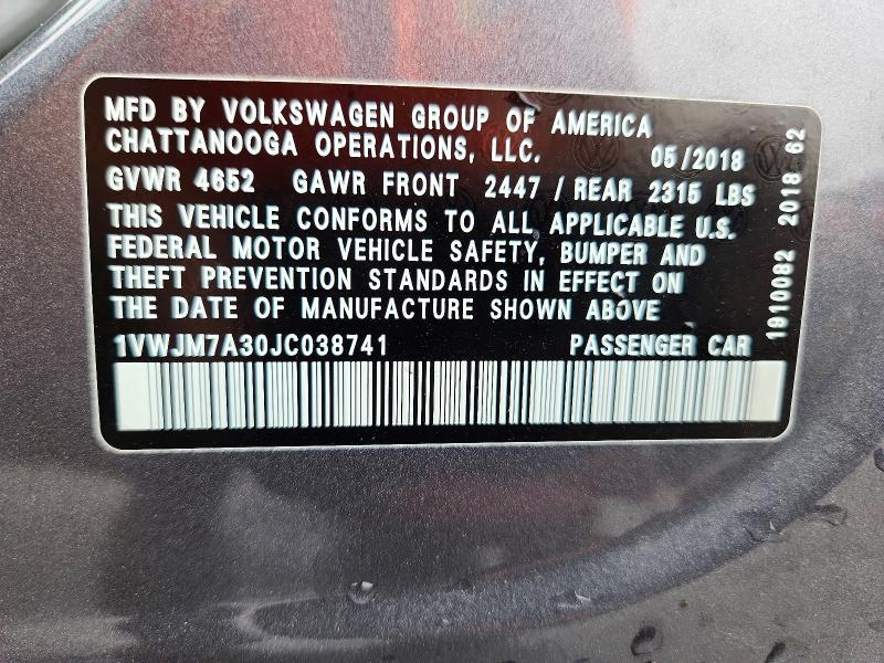 53959296 :رقم المزاد ، 1VWJM7A30JC038741 vin ، 2018 Volkswagen Passat مزاد بيع