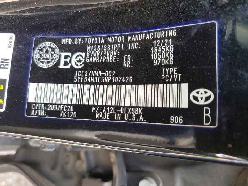 53561246 :رقم المزاد ، 5YFB4MBE5NP107426 vin ، 2022 Toyota Corolla مزاد بيع
