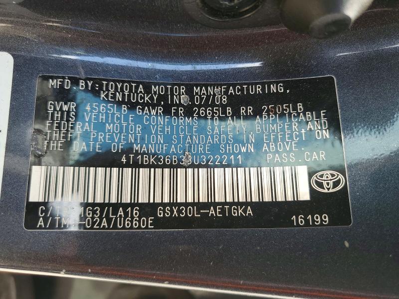 54887266 :رقم المزاد ، 4T1BK36B38U322211 vin ، 2008 Toyota Avalon مزاد بيع