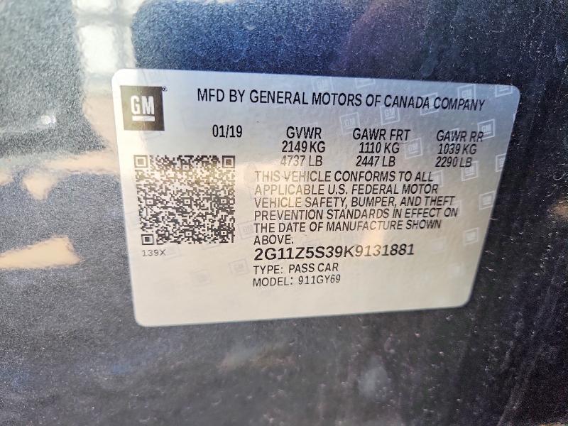 55220136 :رقم المزاد ، 2G11Z5S39K9131881 vin ، 2019 Chevrolet Impala مزاد بيع