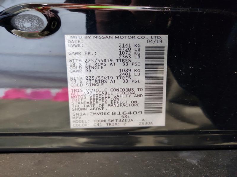 54078646 :رقم المزاد ، 5N1AT2MV0KC816409 vin ، 2019 Nissan Rogue مزاد بيع