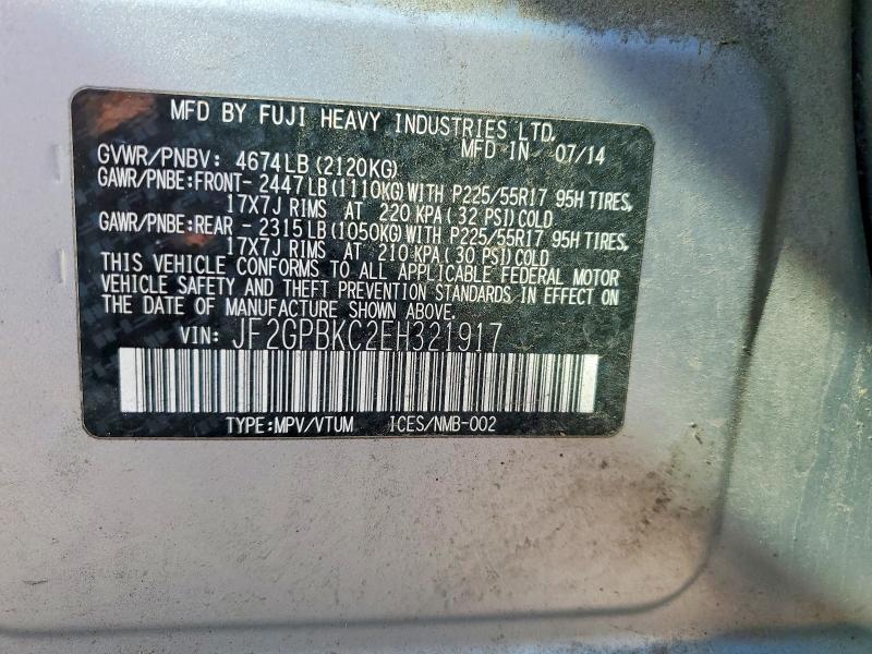 2014 Subaru Xv Crosstrek მანქანა იყიდება აუქციონზე, vin: JF2GPBKC2EH321917, აუქციონის ნომერი: 52305516