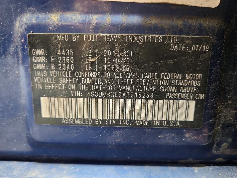 2010 Subaru Legacy მანქანა იყიდება აუქციონზე, vin: 4S3BMBG62A3215253, აუქციონის ნომერი: 54843586