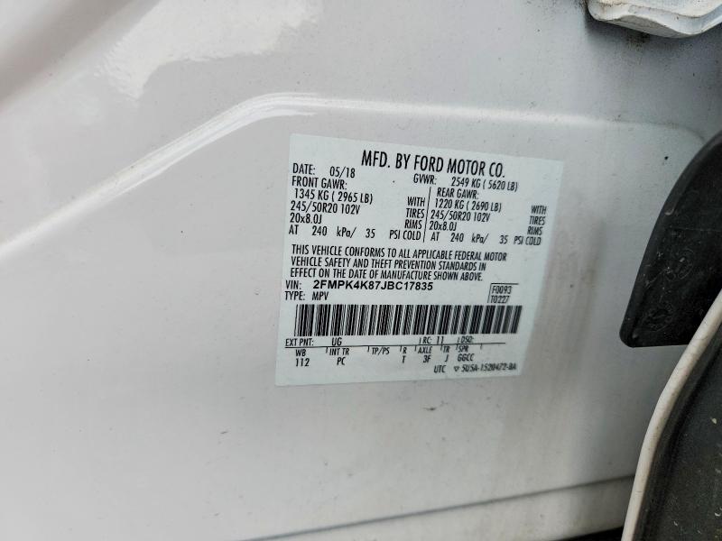 2018 Ford Edge მანქანა იყიდება აუქციონზე, vin: 2FMPK4K87JBC17835, აუქციონის ნომერი: 55237836
