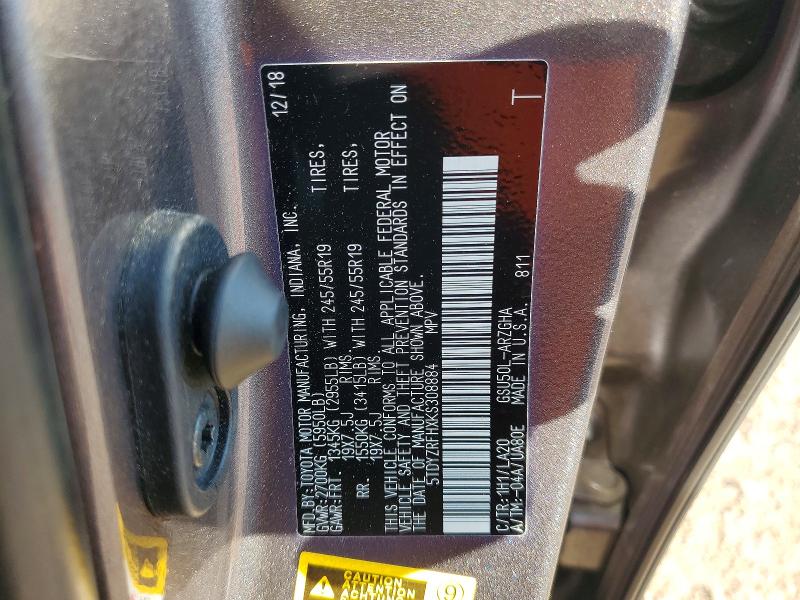 54099366 :رقم المزاد ، 5TDYZRFHXKS308884 vin ، 2019 Toyota Highlander مزاد بيع