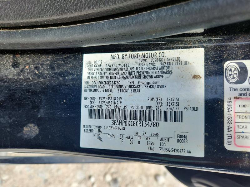 53139676 :رقم المزاد ، 3FAHP0KC8CR154780 vin ، 2012 Ford Fusion مزاد بيع
