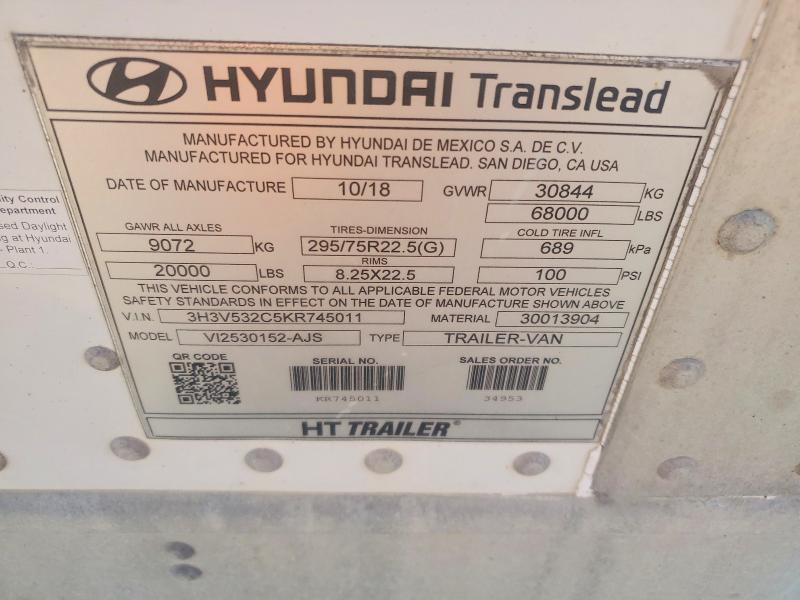 Продажа на аукционе авто 2019 Hyundai Translead Inc Trailers, vin: 3H3V532C5KR745011, номер лота: 53542186