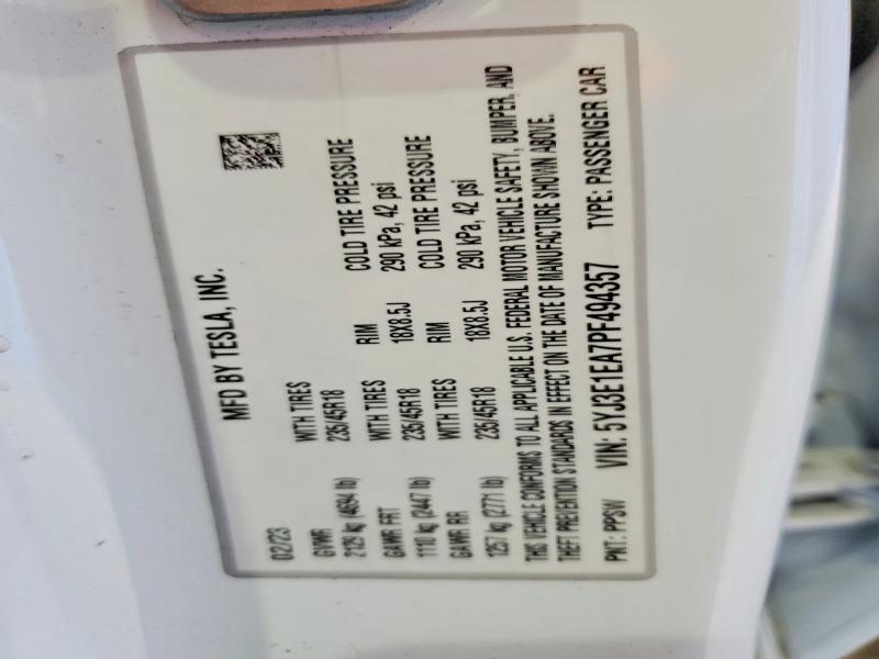 Продаж на аукціоні авто 2023 Tesla Model 3, vin: 5YJ3E1EA7PF494357, номер лоту: 53213756