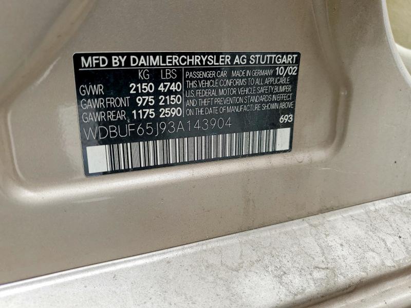 Aukcja sprzedaży 2003 Mercedes-benz E, vin: WDBUF65J93A143904, numer aukcji: 55224876