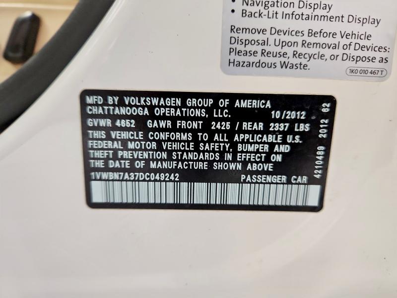 2013 Volkswagen Passat მანქანა იყიდება აუქციონზე, vin: 1VWBN7A37DC049242, აუქციონის ნომერი: 52077936