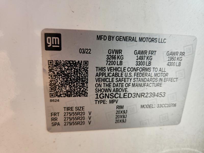 54153096 :رقم المزاد ، 1GNSCLED3NR239453 vin ، 2022 Chevrolet Tahoe مزاد بيع