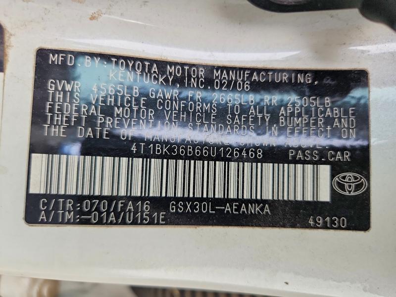 55094016 :رقم المزاد ، 4T1BK36B66U126468 vin ، 2006 Toyota Avalon مزاد بيع