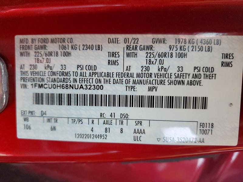 2022 Ford Escape მანქანა იყიდება აუქციონზე, vin: 1FMCU0H68NUA32300, აუქციონის ნომერი: 51526096