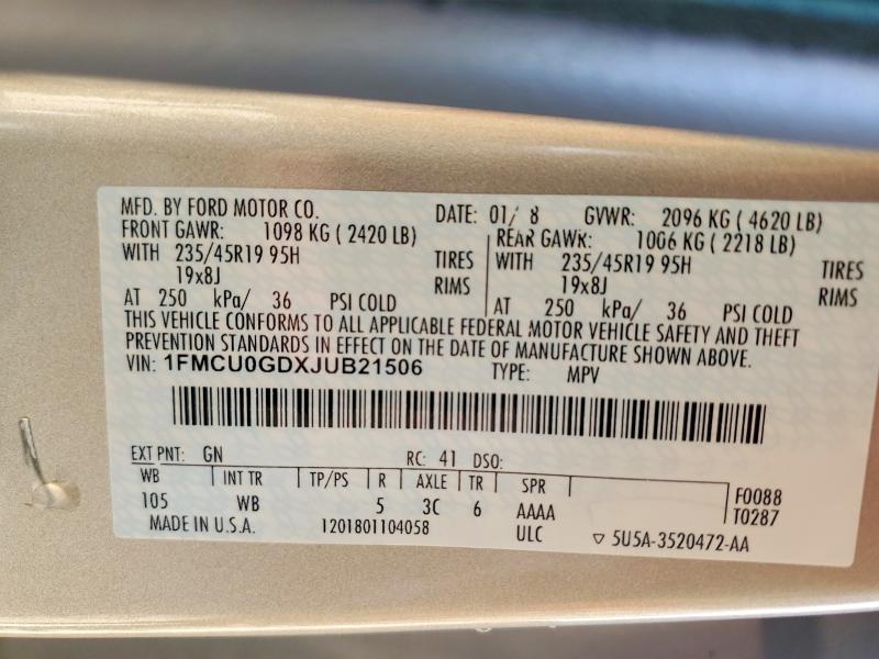 2018 Ford Escape მანქანა იყიდება აუქციონზე, vin: 1FMCU0GDXJUB21506, აუქციონის ნომერი: 54314766