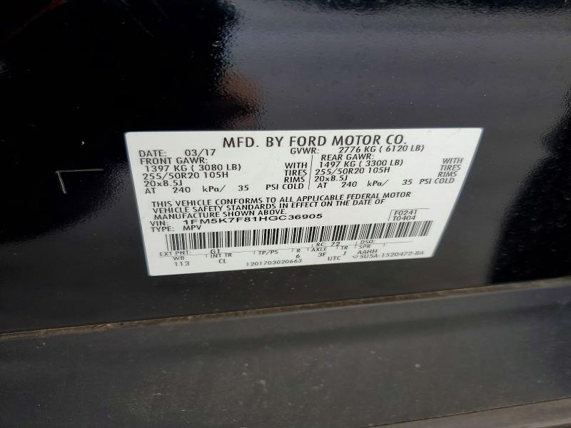 53053896 :رقم المزاد ، 1FM5K7F81HGC36905 vin ، 2017 Ford Explorer مزاد بيع