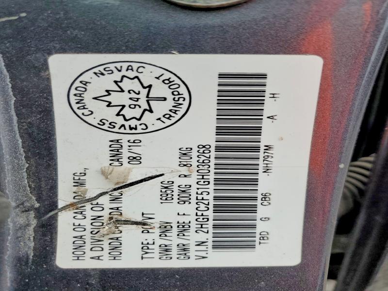 Продажа на аукционе авто 2016 Honda Civic, vin: 2HGFC2F51GH036268, номер лота: 51846416