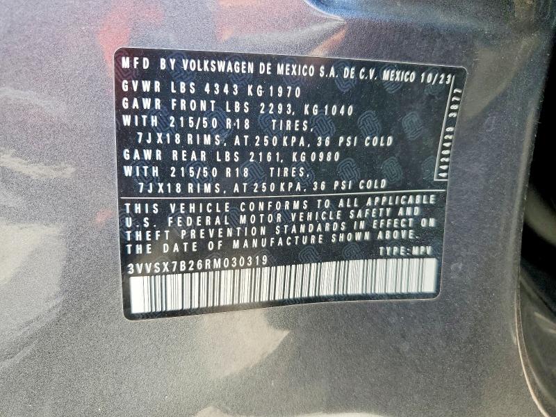 53973316 :رقم المزاد ، 3VVSX7B26RM030319 vin ، 2024 Volkswagen Taos مزاد بيع