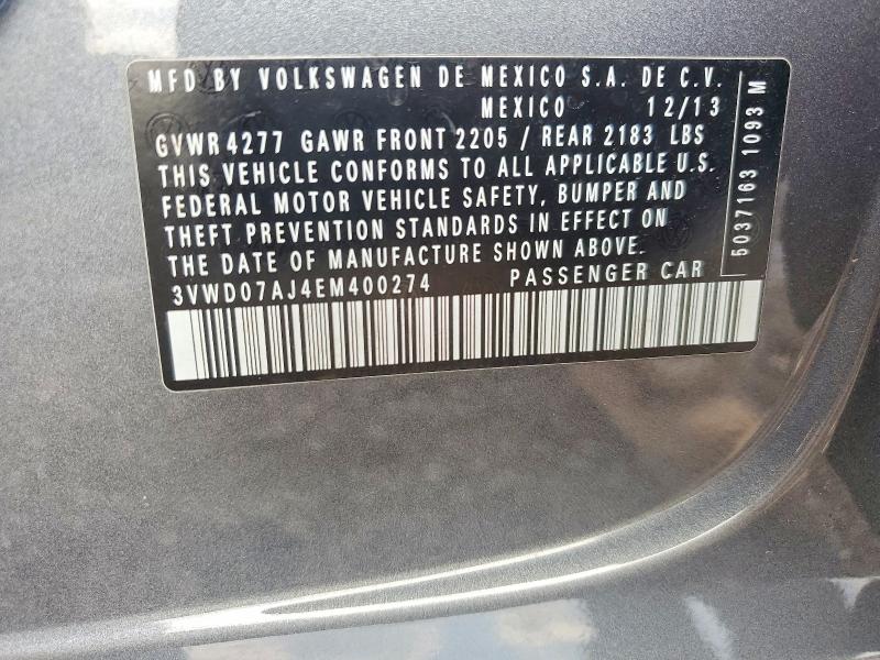 2014 Volkswagen Jetta მანქანა იყიდება აუქციონზე, vin: 3VWD07AJ4EM400274, აუქციონის ნომერი: 53764936