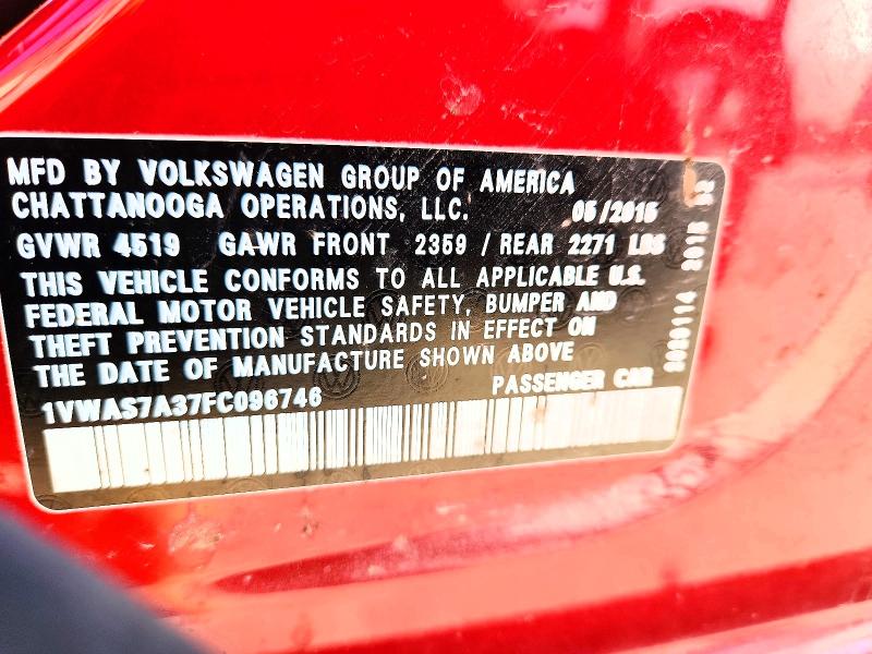 53534596 :رقم المزاد ، 1VWAS7A37FC096746 vin ، 2015 Volkswagen Passat مزاد بيع