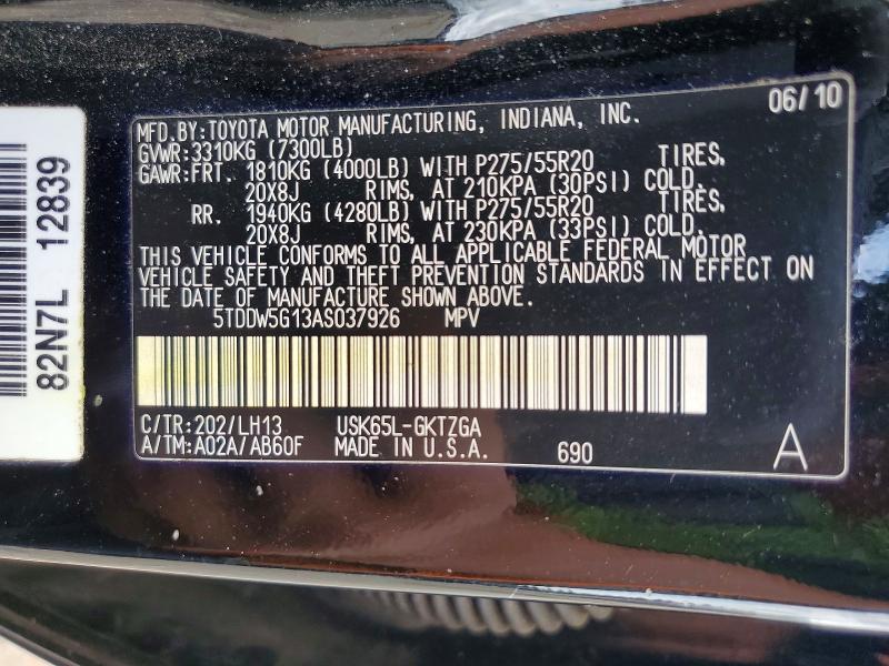 Aukcja sprzedaży 2010 Toyota Sequoia, vin: 5TDDW5G13AS037926, numer aukcji: 51783996