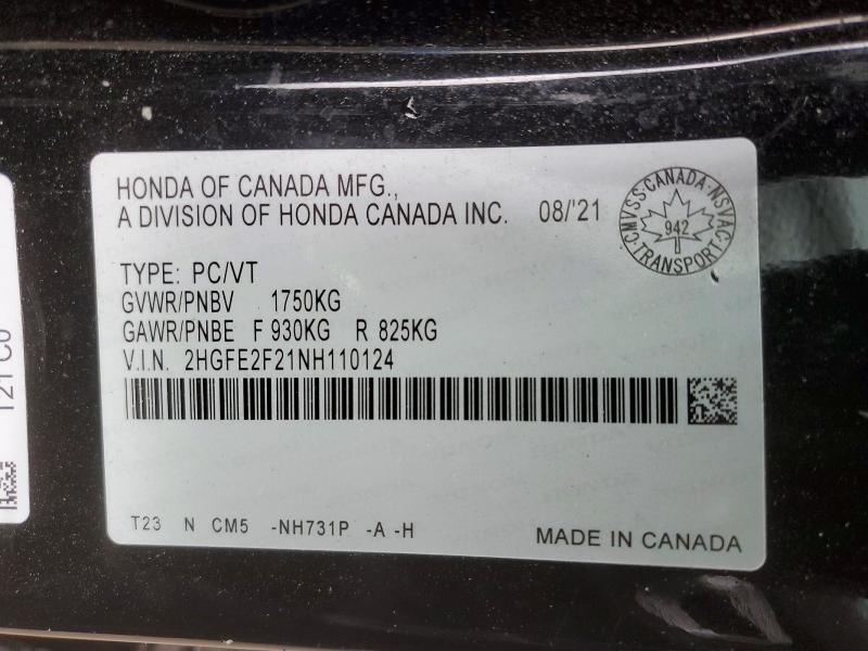 Продаж на аукціоні авто 2022 Honda Civic, vin: 2HGFE2F21NH110124, номер лоту: 52910356
