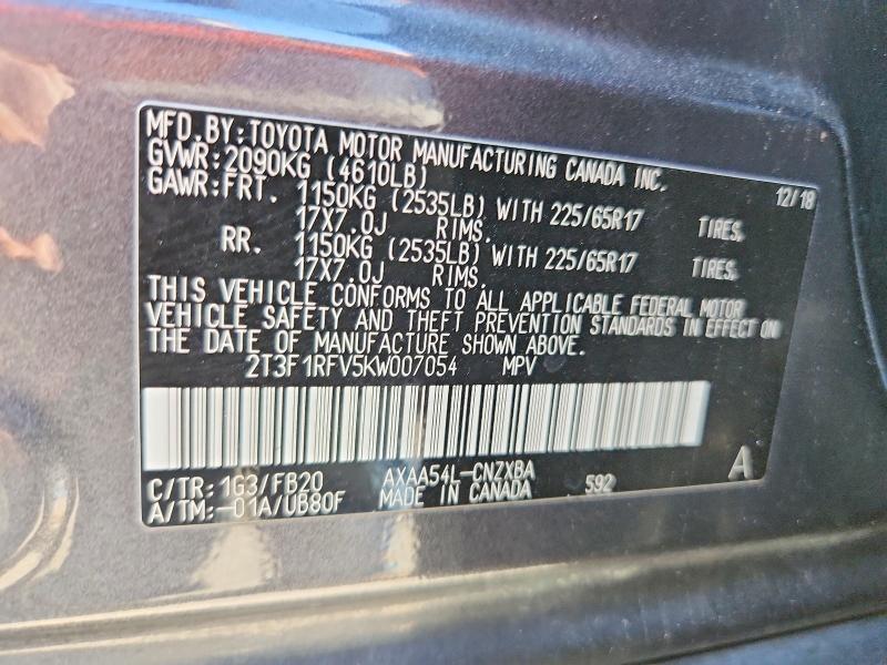 2019 Toyota Rav4 მანქანა იყიდება აუქციონზე, vin: 2T3F1RFV5KW007054, აუქციონის ნომერი: 53938946