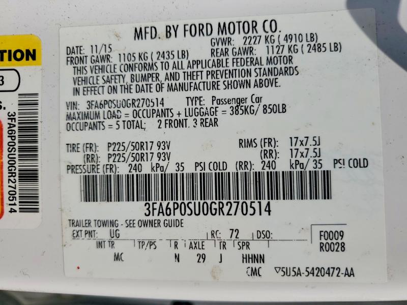 2016 Ford Fusion მანქანა იყიდება აუქციონზე, vin: 3FA6P0SU0GR270514, აუქციონის ნომერი: 53066226