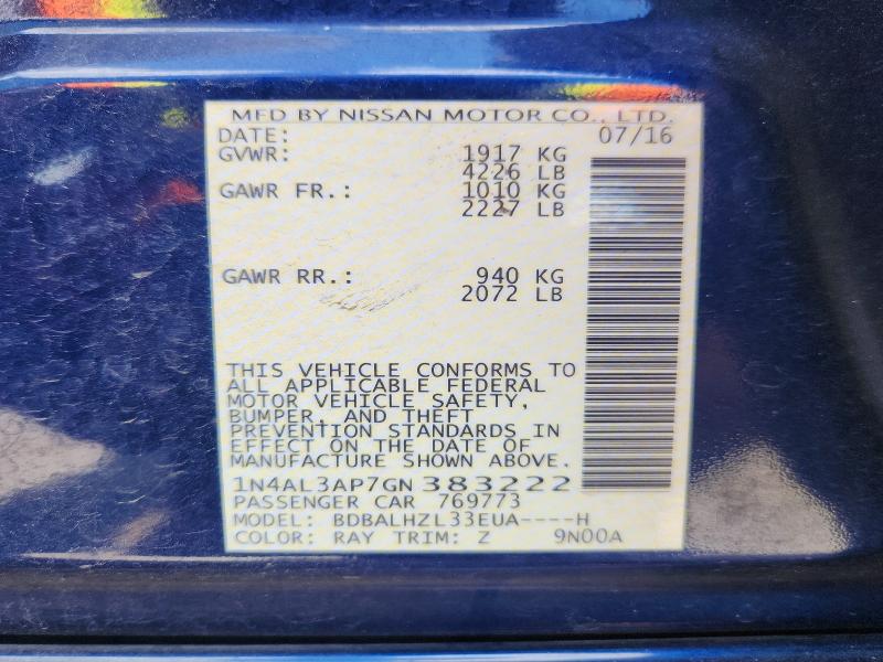 52091026 :رقم المزاد ، 1N4AL3AP7GN383222 vin ، 2016 Nissan Altima مزاد بيع