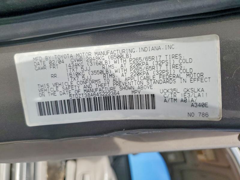 53647126 :رقم المزاد ، 5TDZT38A64S222364 vin ، 2004 Toyota Sequoia مزاد بيع