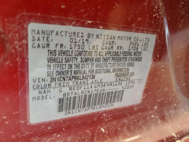 53532206 :رقم المزاد ، 3N1CN7AP9KL842136 vin ، 2019 Nissan Versa مزاد بيع