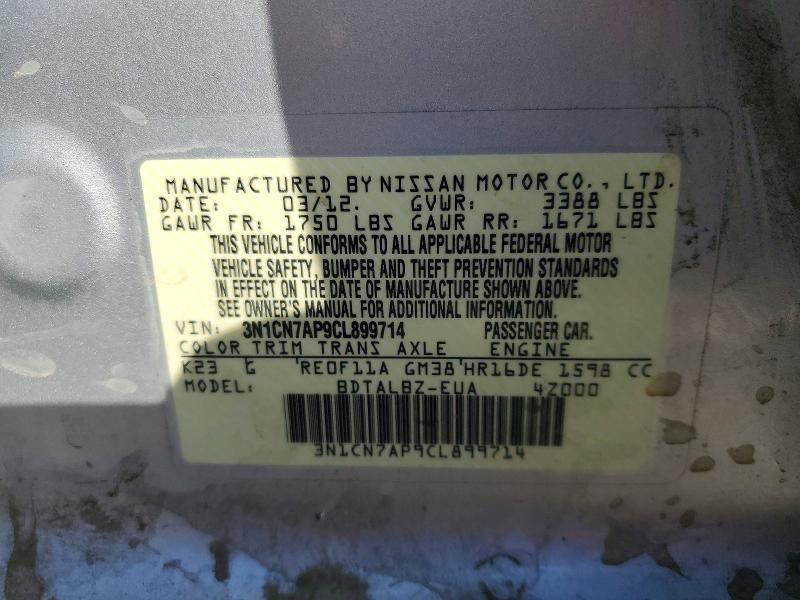 Продаж на аукціоні авто 2012 Nissan Versa, vin: 3N1CN7AP9CL899714, номер лоту: 54286326